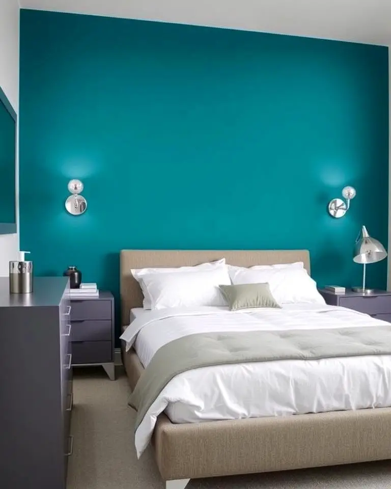 Teal Accent Wall with Grey Furnishings