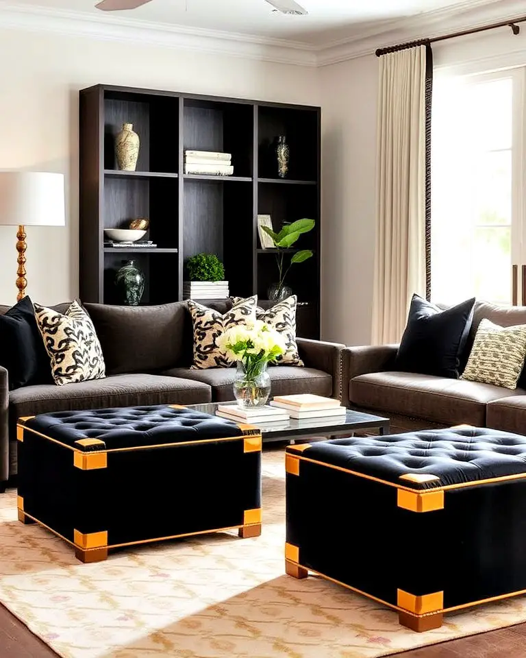 Black and Gold Upholstered Ottomans
