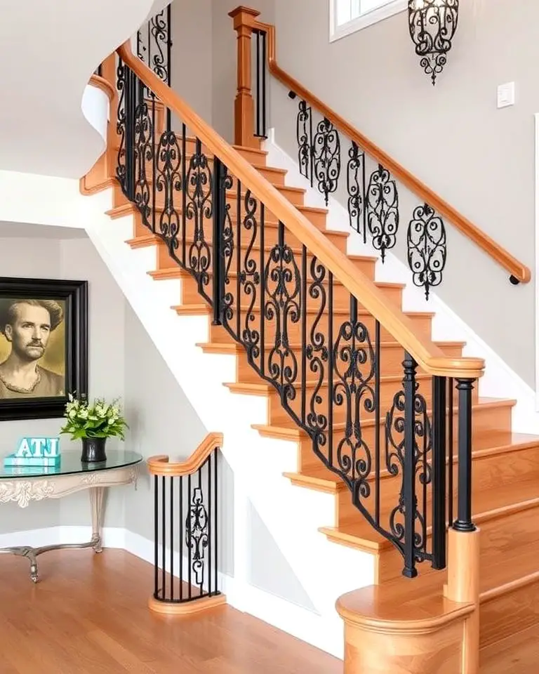 White Oak Stairs with Wrought Iron Details