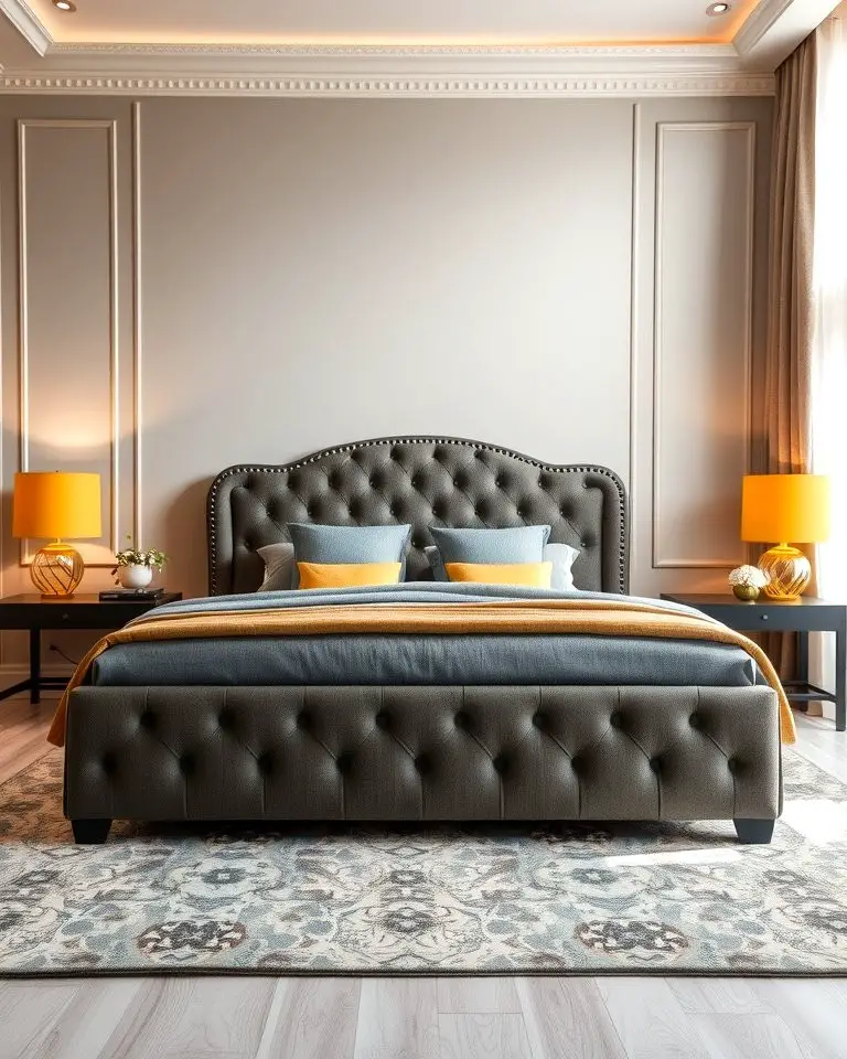 Grey Upholstered Bed with Yellow Lamps