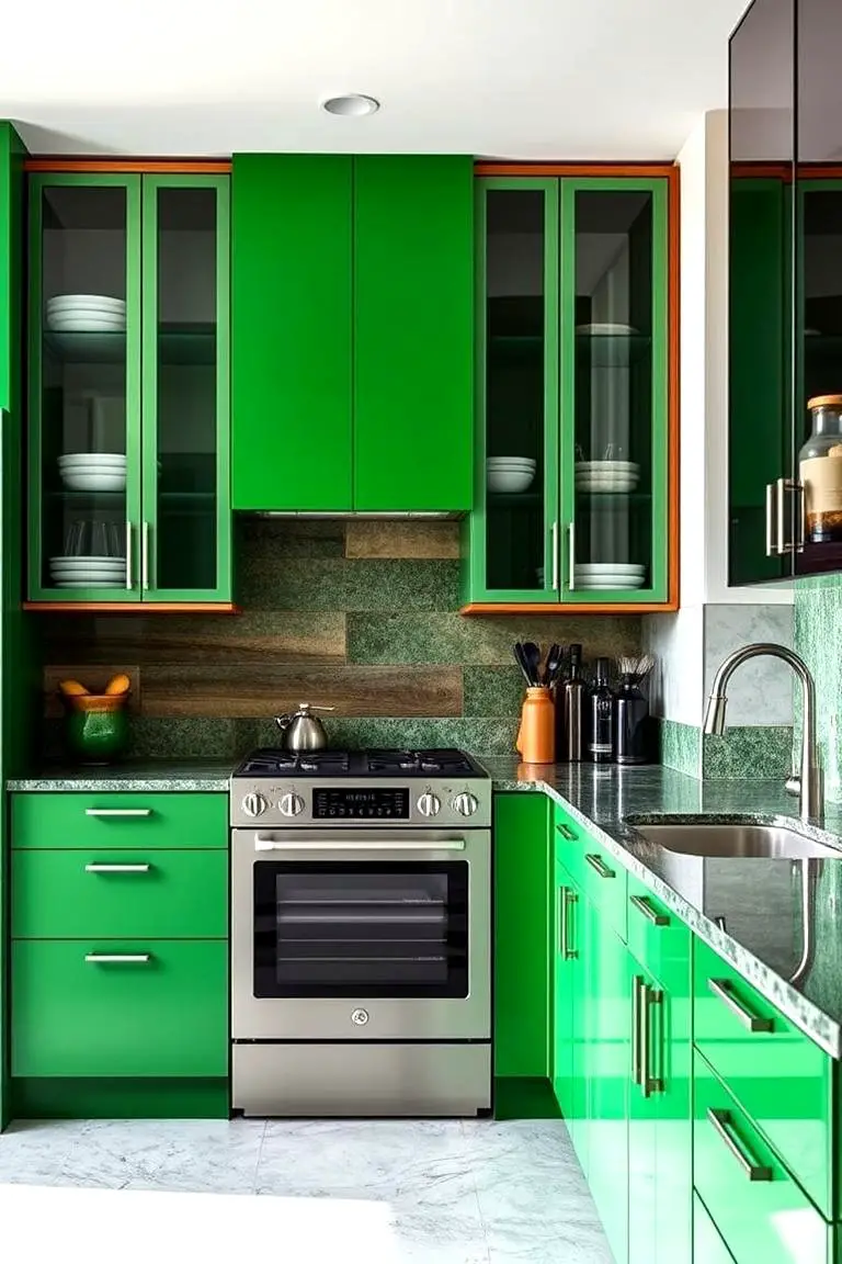 Mixed-Material Vibrant Green Cabinets