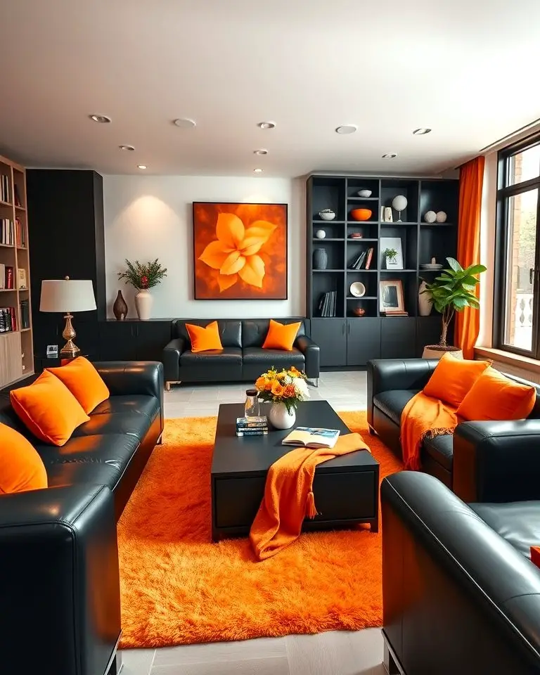 Black Furniture with Orange Throws