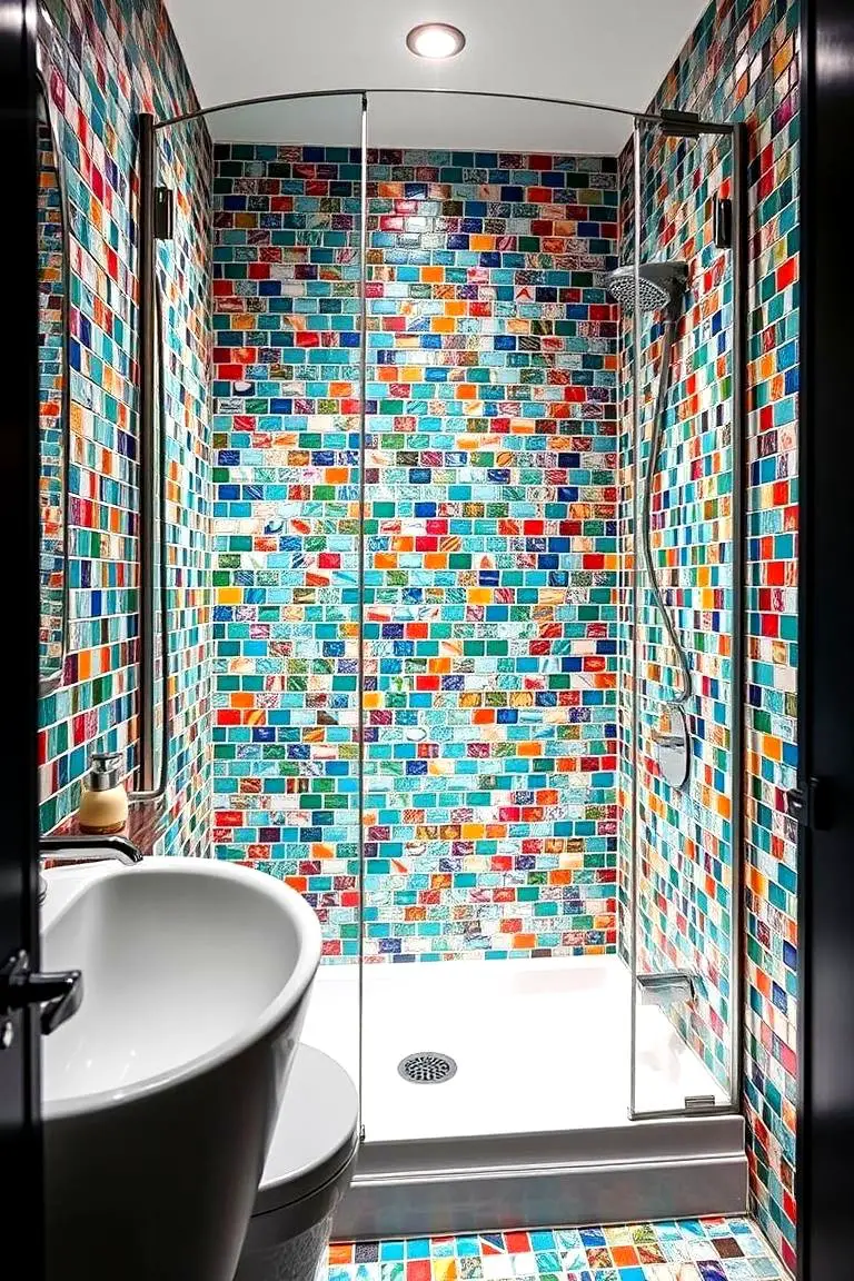 Bold Mosaic Tile Corner Shower