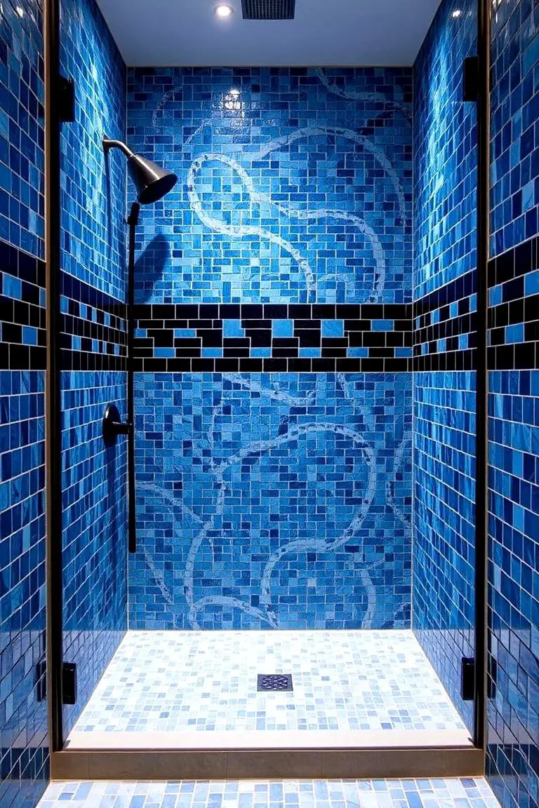 Blue Mosaic Shower Walls with Black Accents