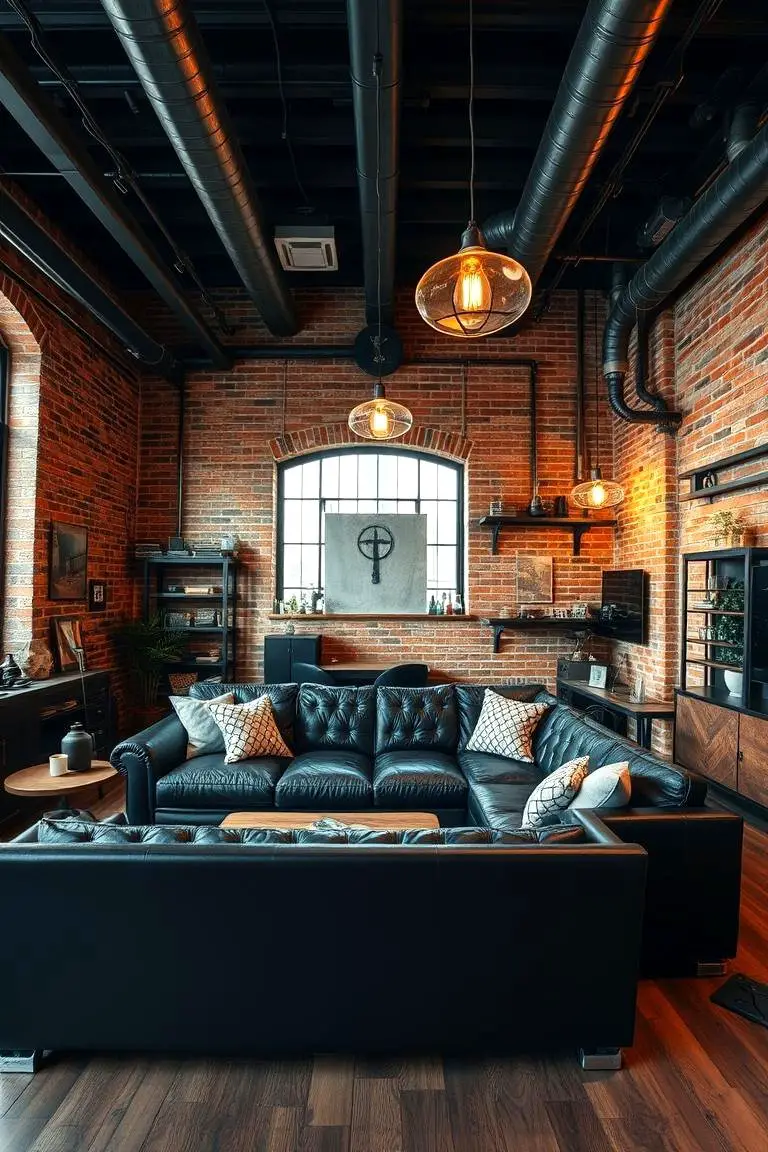 Cozy Industrial Vibe with Black Sofa