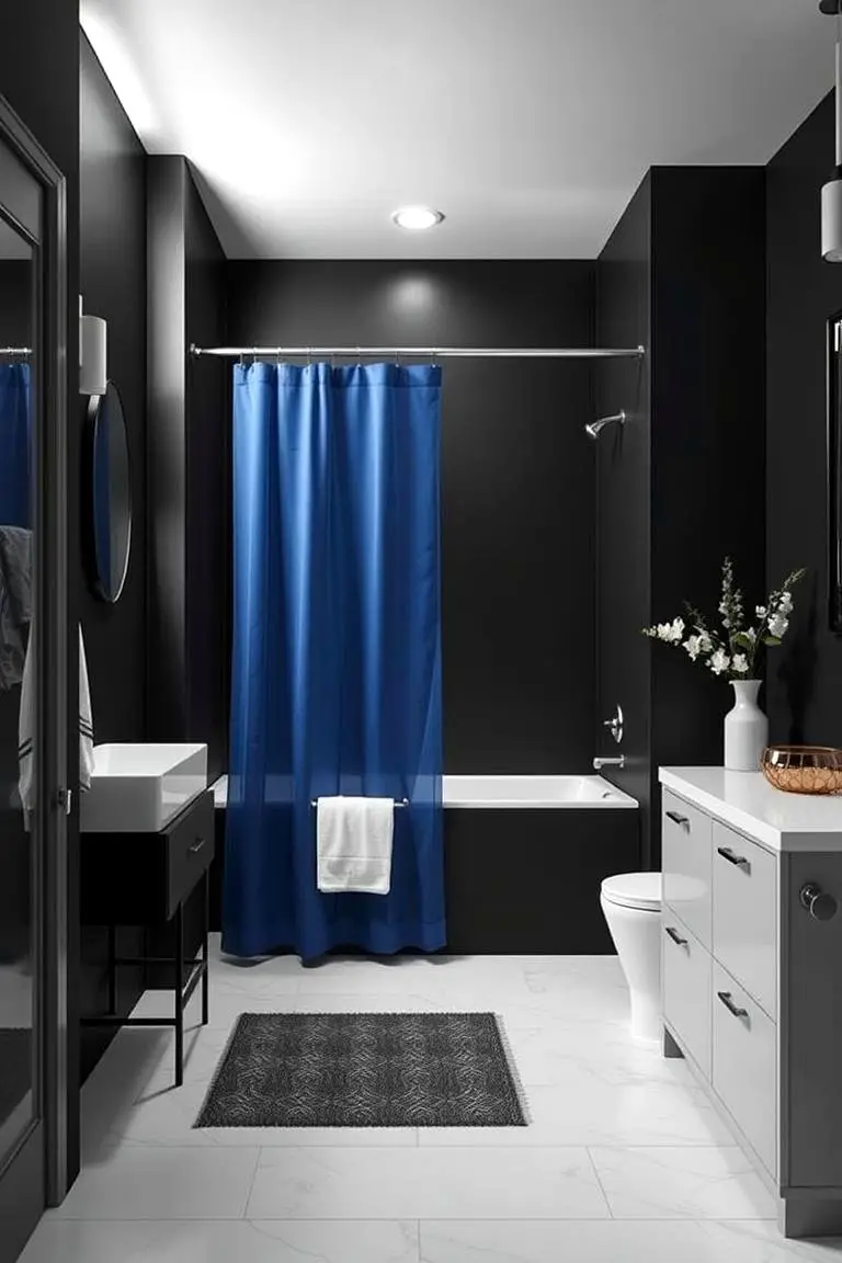 Blue Framed Shower Curtain against Black Walls