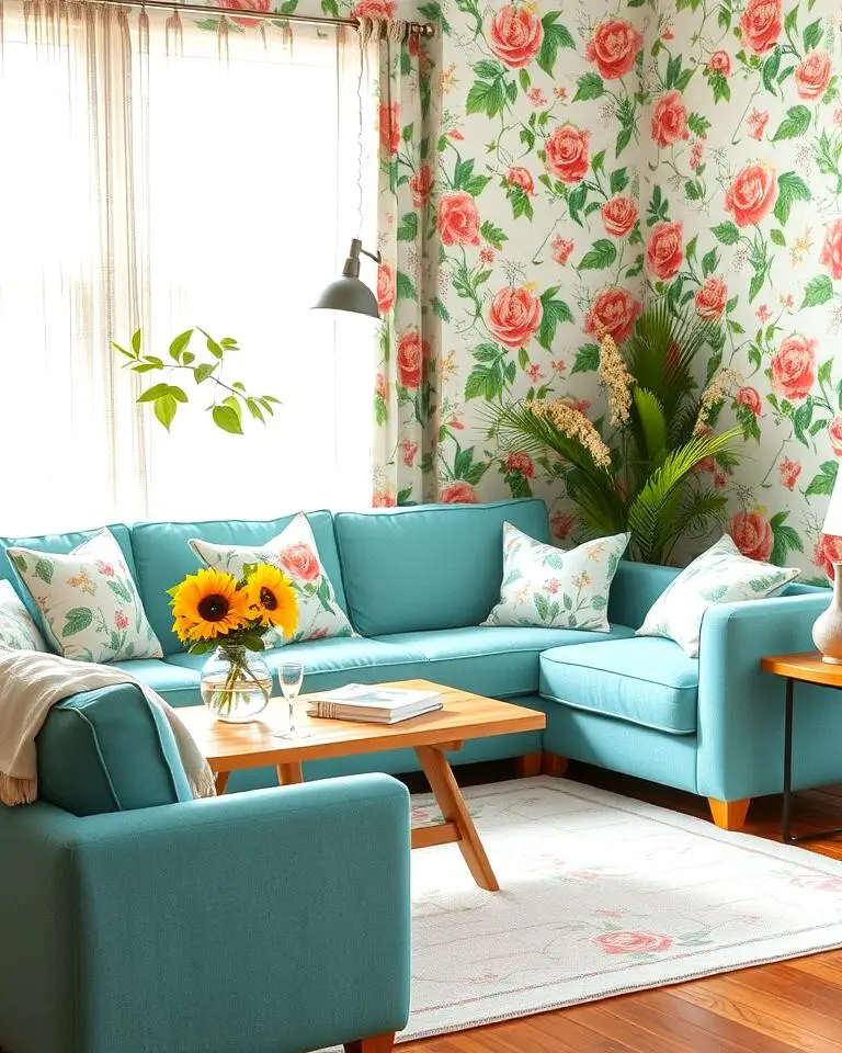 Teal Couch and Floral Patterns