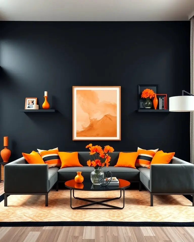 Black Accent Wall with Orange Decor