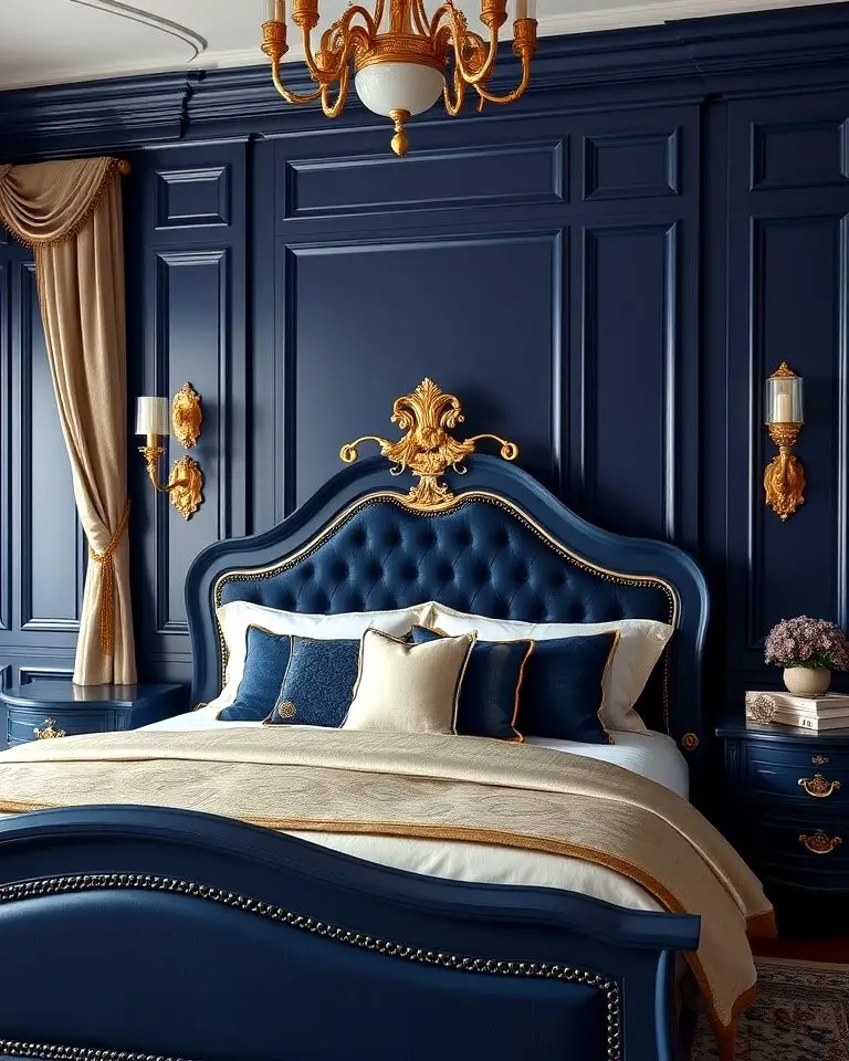 Navy Blue Bed Frame with Gold Detailing