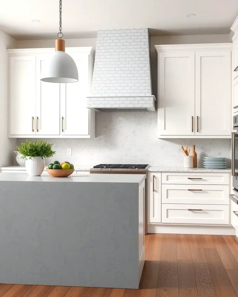 Textured White Cabinets with a Grey Island
