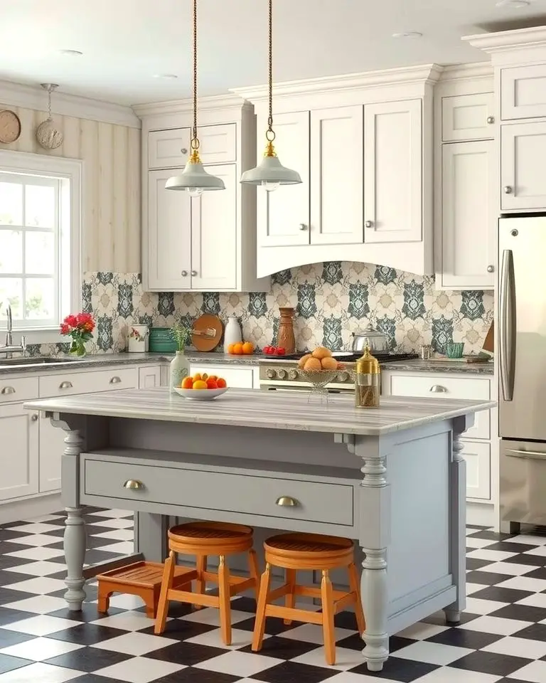 Vintage Charm with White Cabinets and a Grey Island