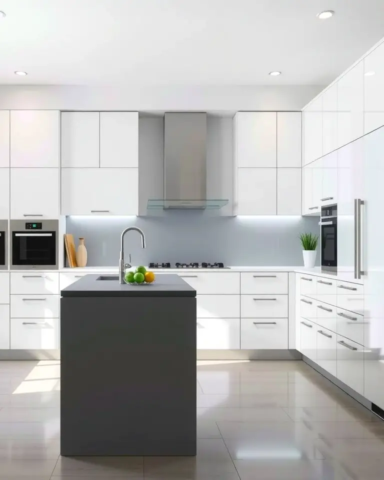 Minimalist White Cabinets with a Sleek Grey Island