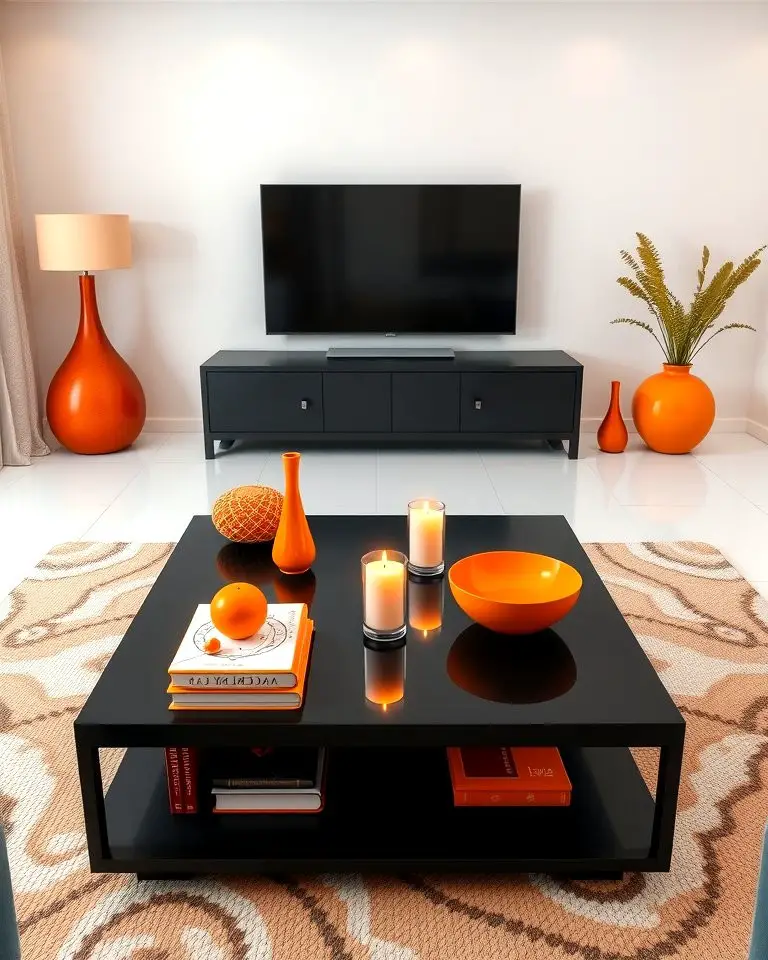 Black Coffee Table with Orange Accessories