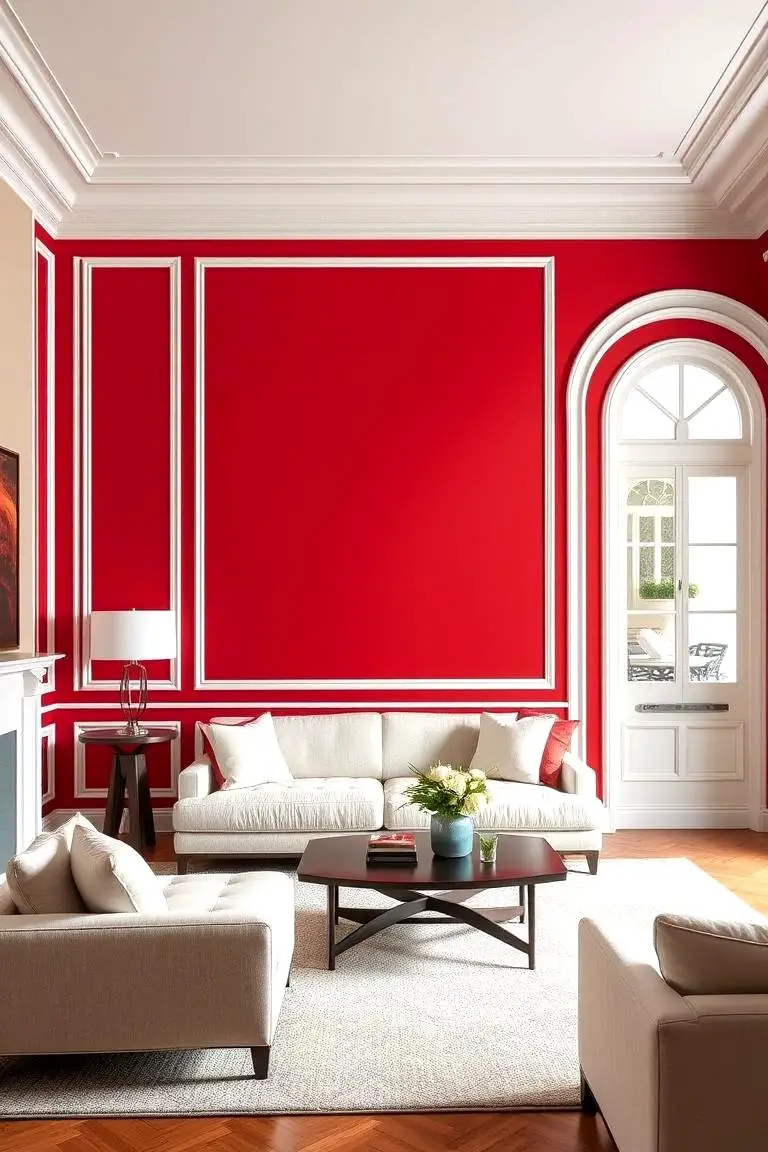 Red Accent Walls with White Trim