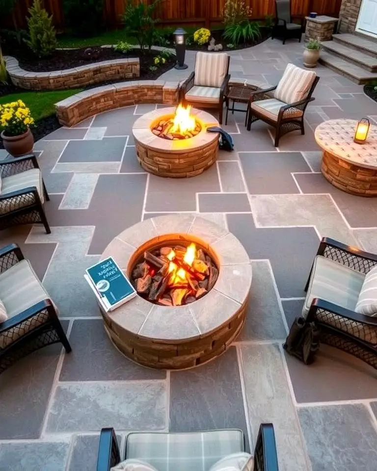 Rustic Stamped Concrete Patio with Stone-Inspired Fire Pit