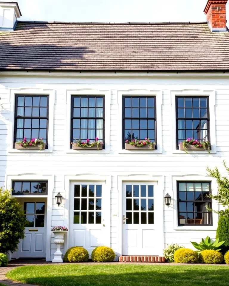 Black Grid Windows on a White Farmhouse