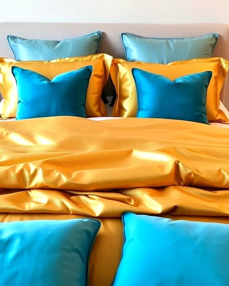 Metallic Gold Bedding with Blue Pillows