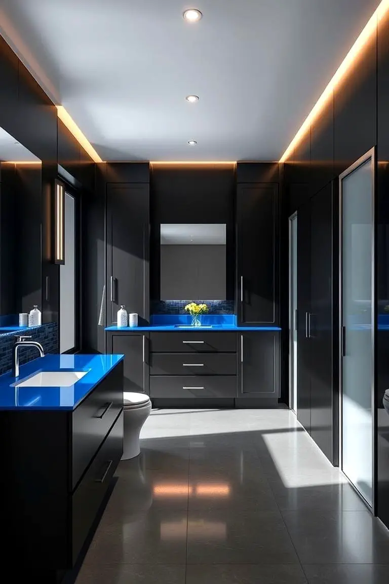 Contrasting Black Vanity with Blue Countertops