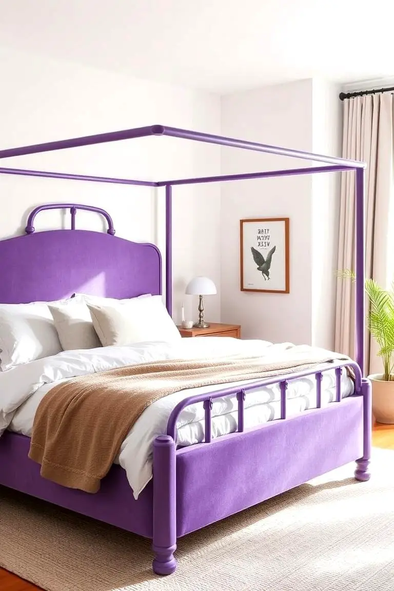 A Purple Bedframe with White Linens