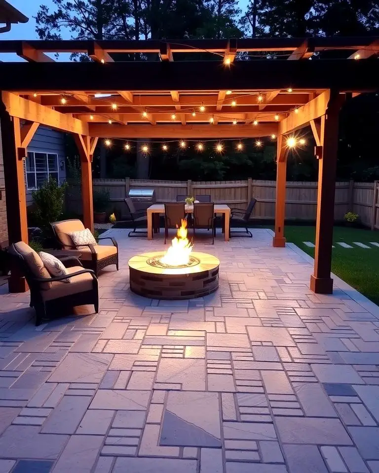 Stamped Concrete Patio with Fire Pit and Pergola