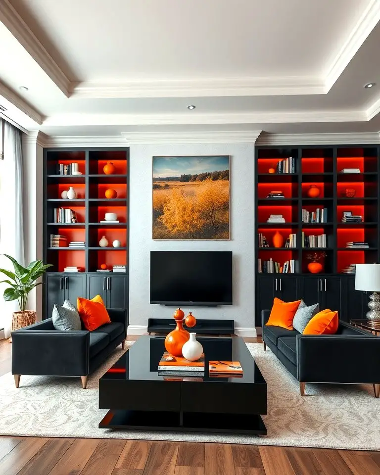 Black Built-ins with Orange Accents