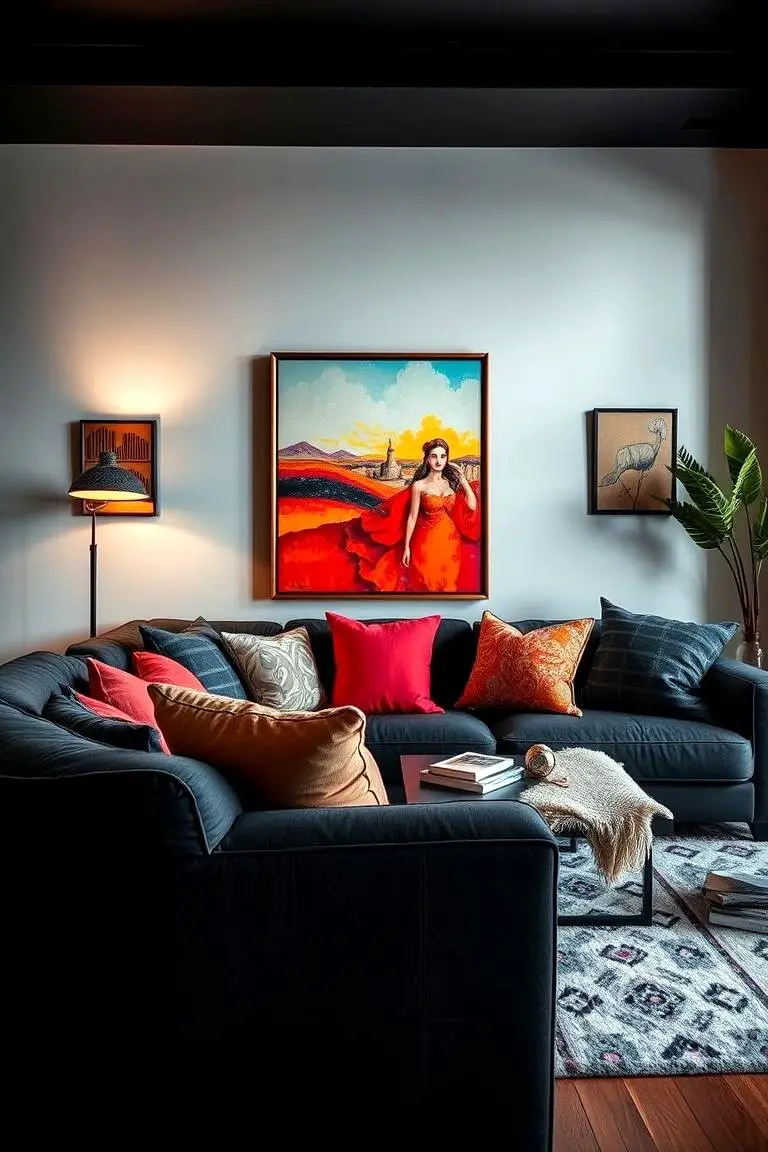 High-Contrast Black Couch with Vibrant Decor