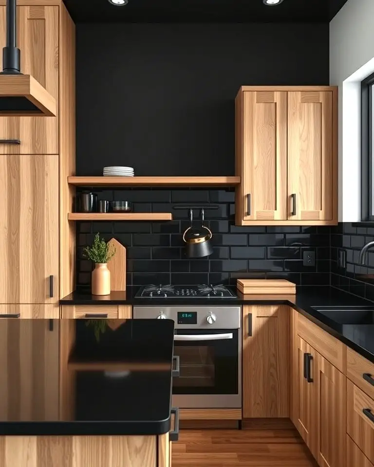Black Backsplash with Wooden Accents