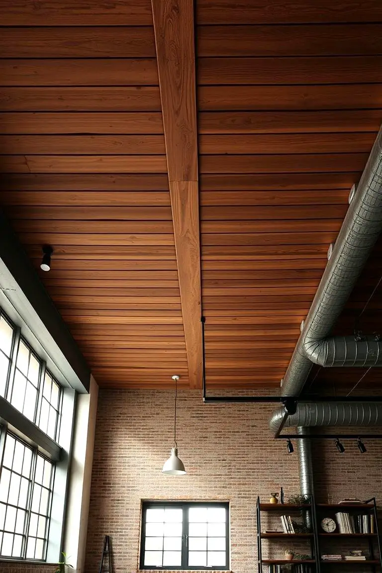 Warm Industrial Wood Slat Ceiling