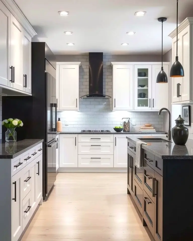 High-Contrast Drama with White Cabinets and Charcoal Grey Island
