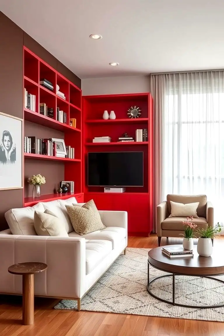 Red Built-In Shelving for a Custom Look