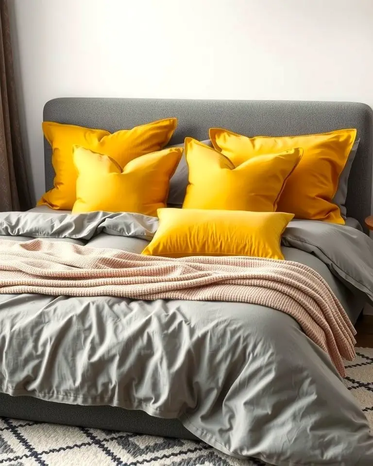 Yellow Throw Pillows on Grey Bedding