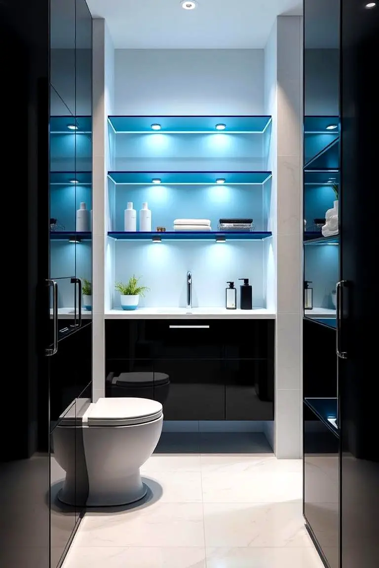 Blue Glass Shelves and Black Storage Units