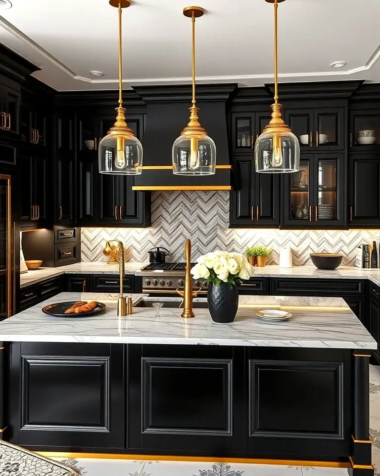 Sleek Black Island with Gold Accents