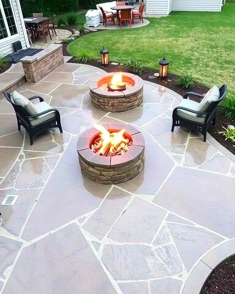 Stamped Concrete Patio with Fire Pit and Water Feature