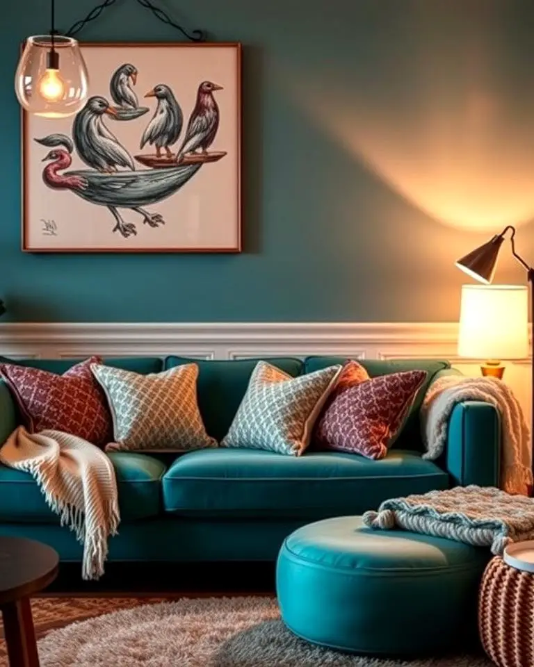 Teal Couch with Warm Lighting