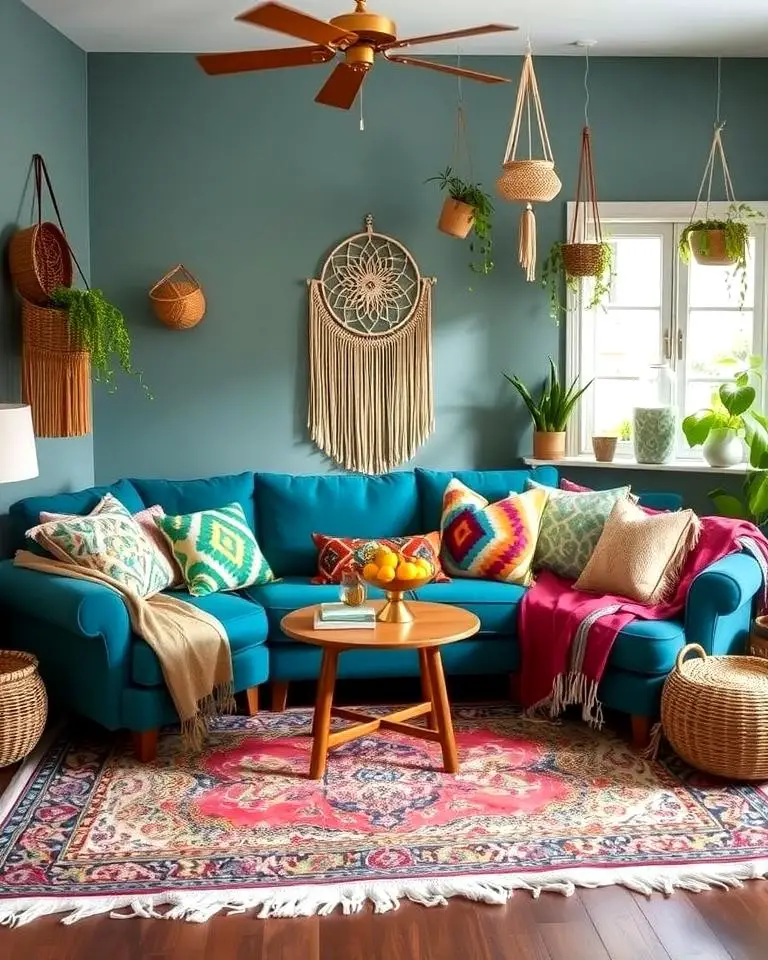 Teal Couch in a Bohemian Setting
