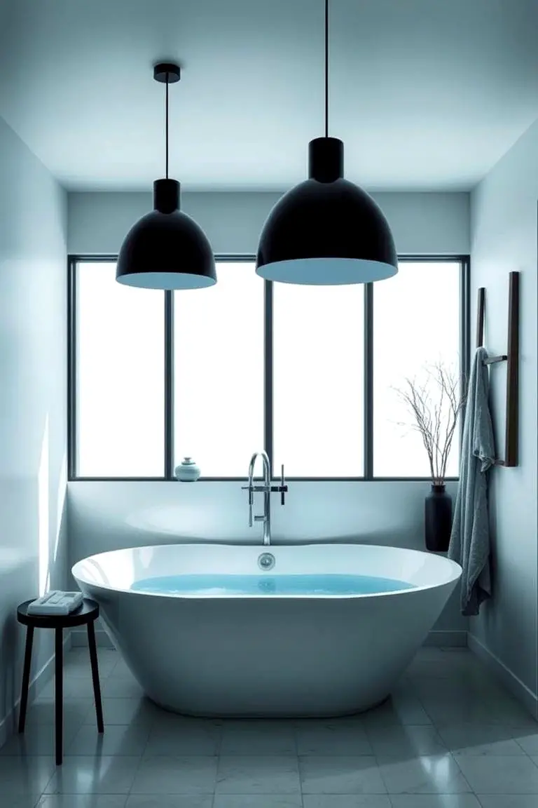 Black Pendant Lighting over a Blue Soaked Bath