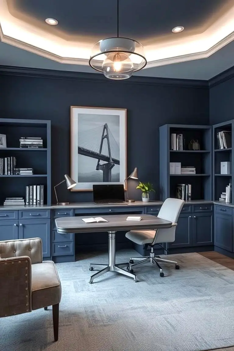 Elegant Study: Blue-gray Office Sophistication