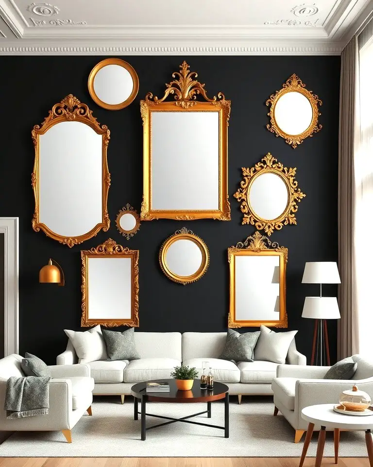 Gold Mirrors on Black Walls
