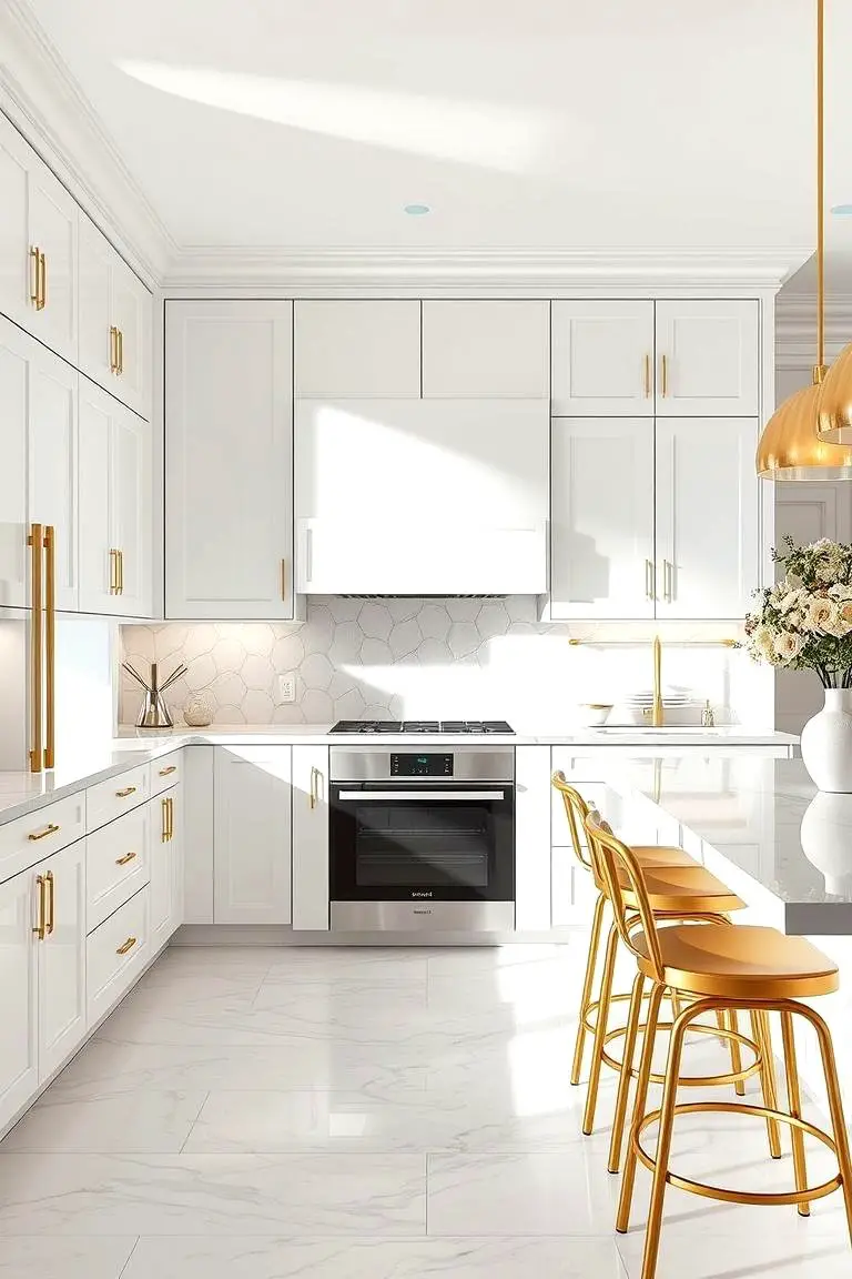 Glossy White Cabinets with Intricate Gold Inlays
