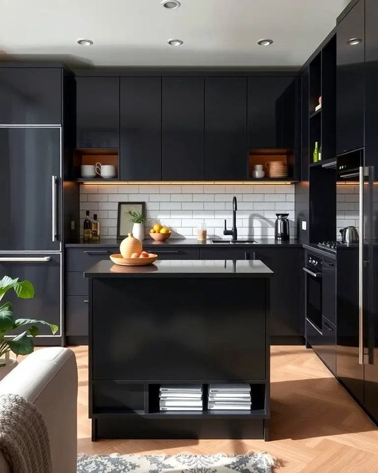 Black Island with Pendant Lighting