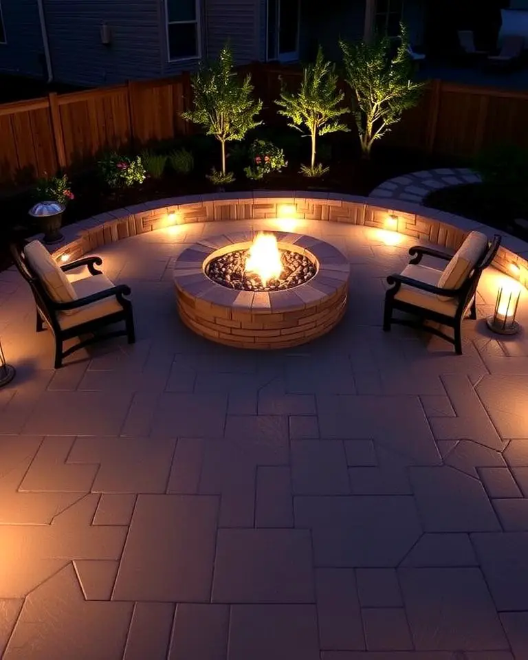 Stamped Concrete Patio with Fire Pit and Built-In Lighting