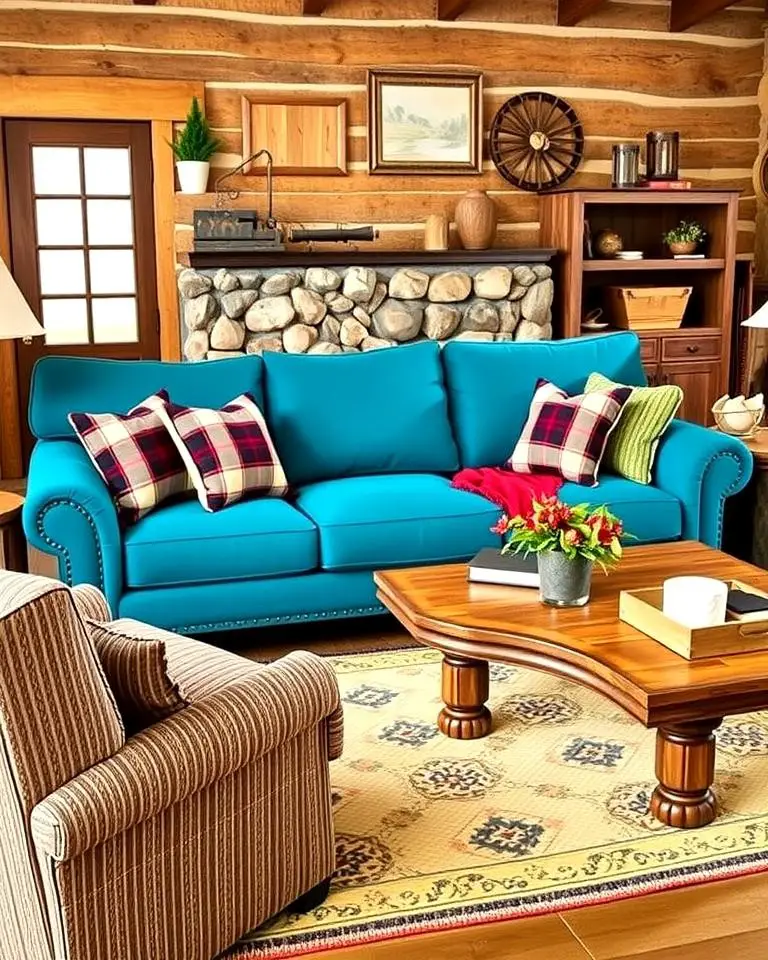 Teal Couch with Rustic Charm