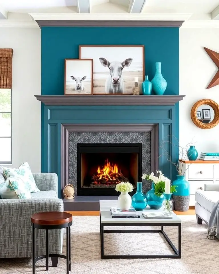 Teal Fireplace with Grey Mantel