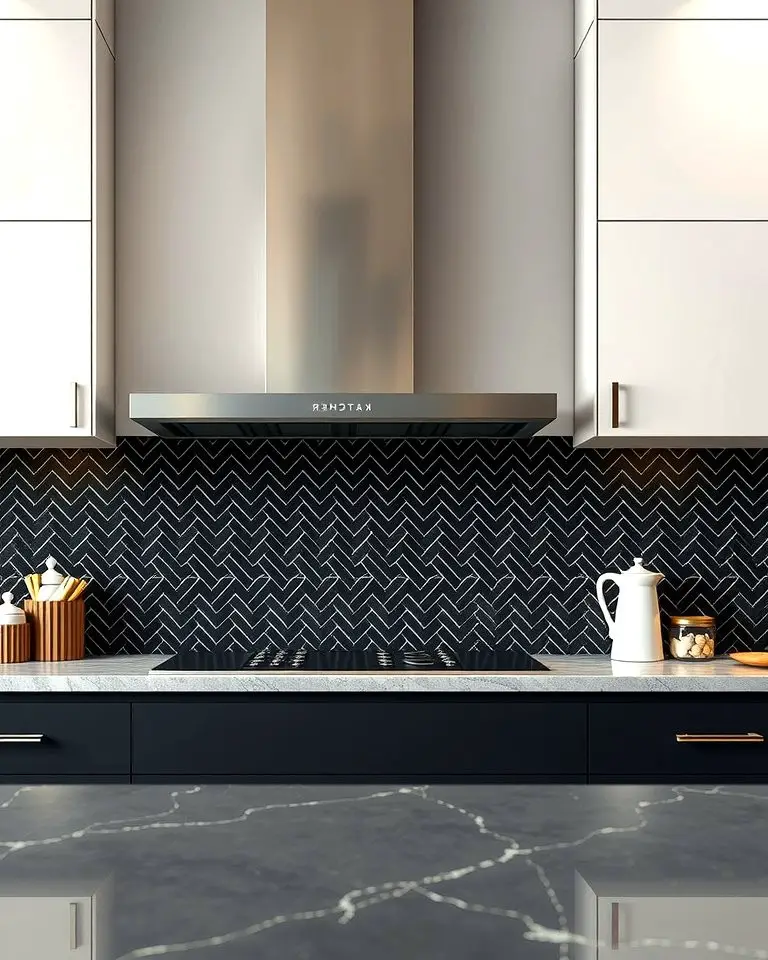 Black Herringbone Tile Backsplash