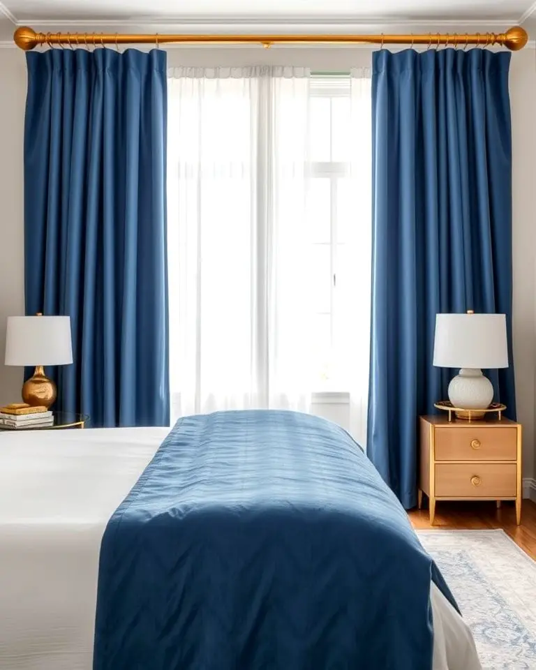 Gold Drapery Rods with Blue Curtains
