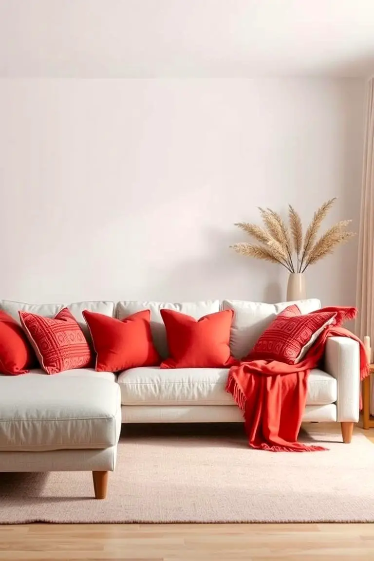 Red Throws and Pillows on a Neutral Sofa
