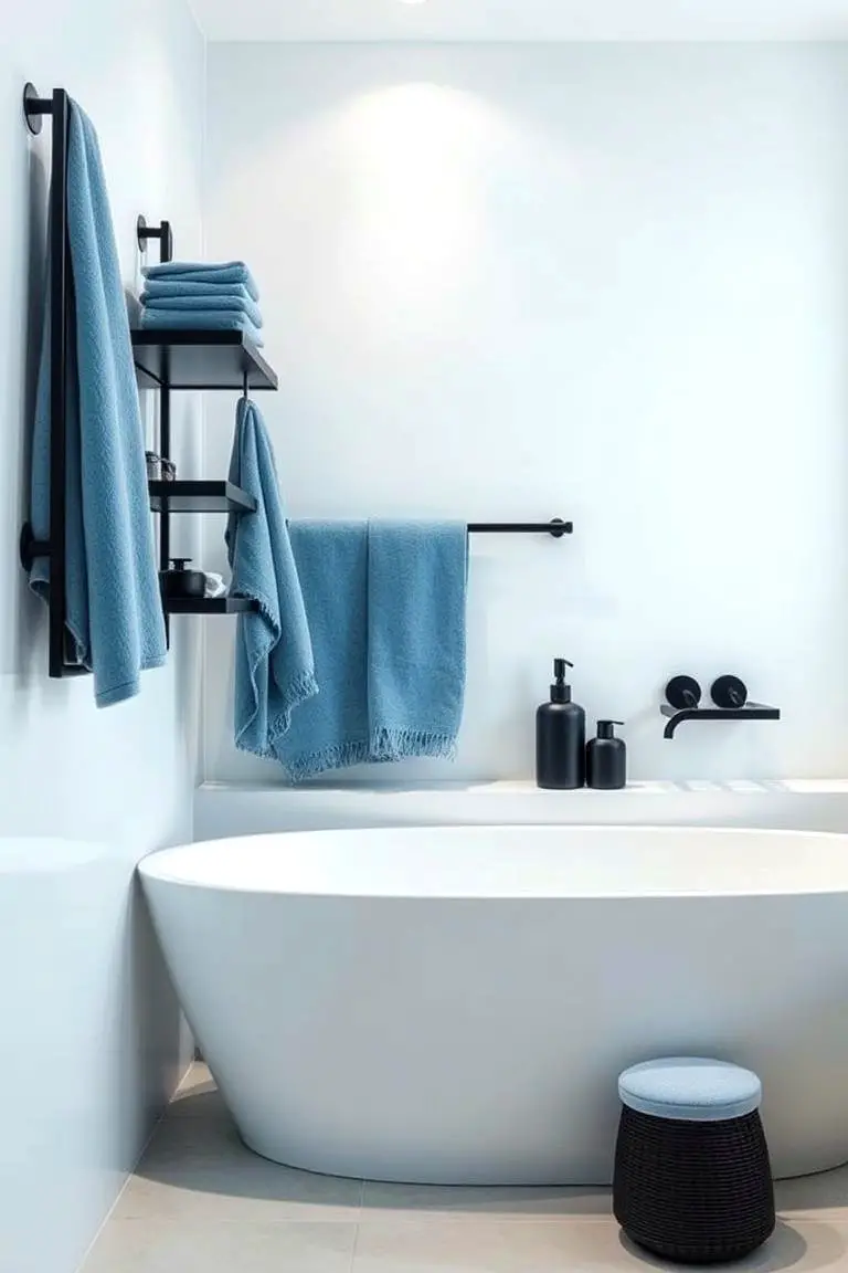 Subtle Blue Towels and Black Accessories Ensemble