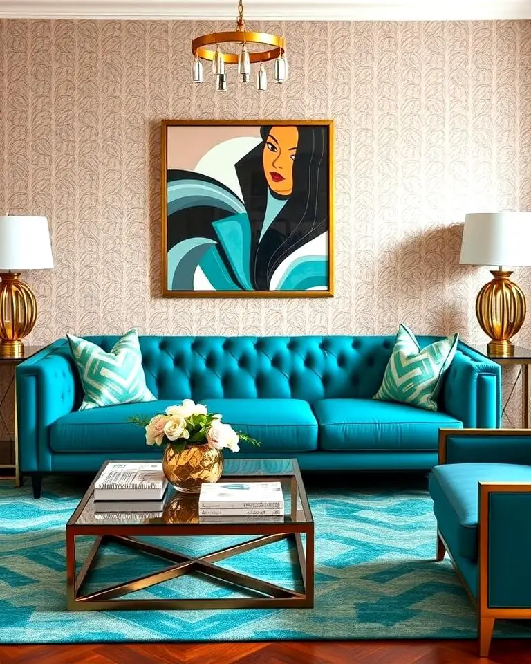 Teal Couch in an Art Deco Setting