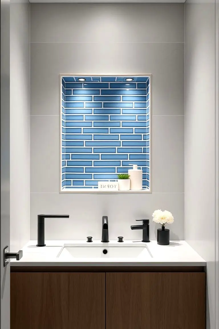 Blue Tiled Accent Niche with Black Fixtures